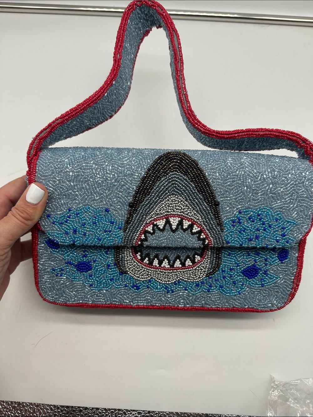 Beaded Shark Appliqué Shoulder Bag in Light Blue and Red Trim